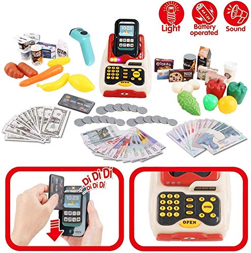 deAO Kids Supermarket scanner with light promotes interactive checkout play.