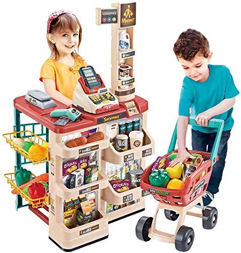 deAO Kids Supermarket shopping cart enhances imaginative play and coordination.