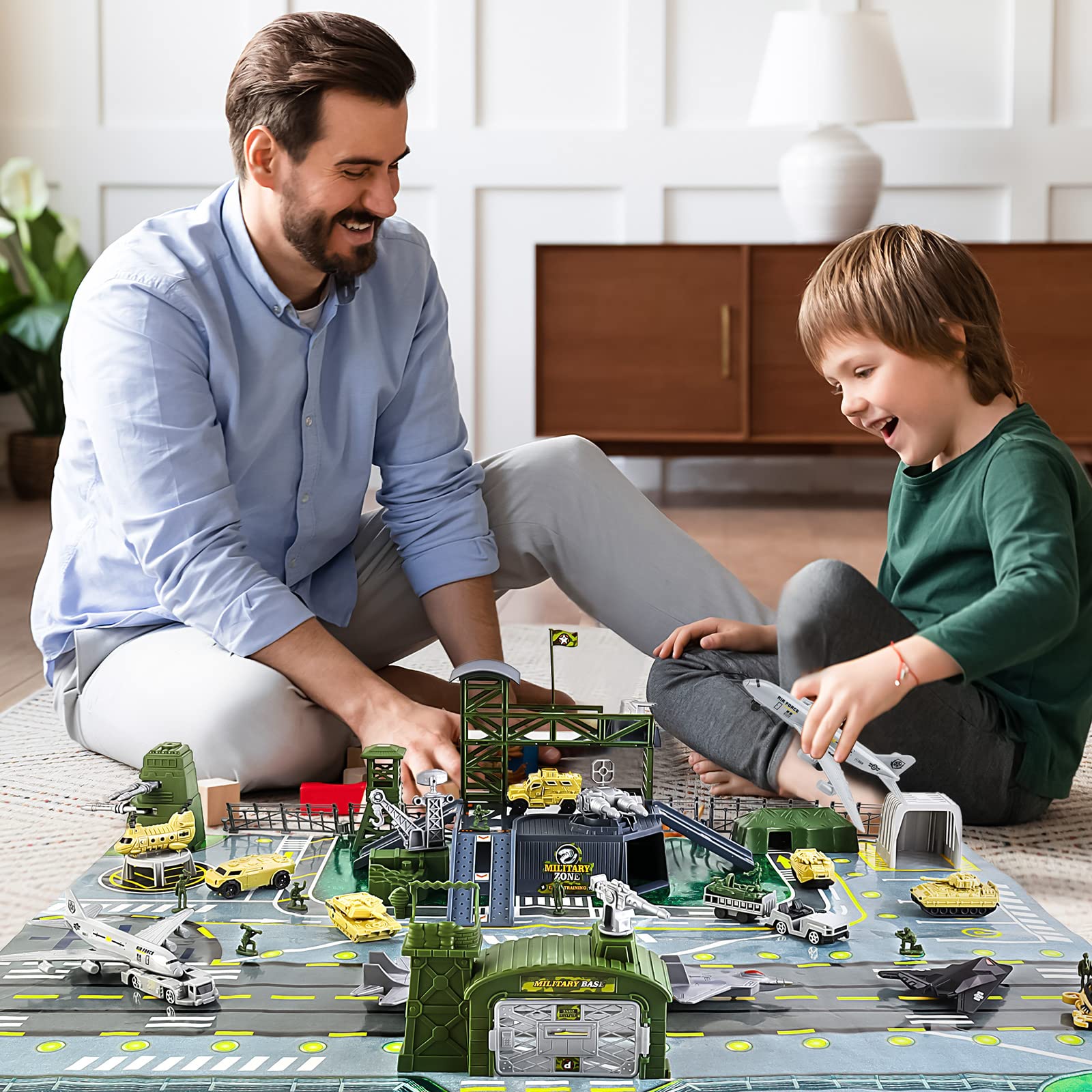 deAO Military Base Set helicopter toy adds dynamic aerial play.