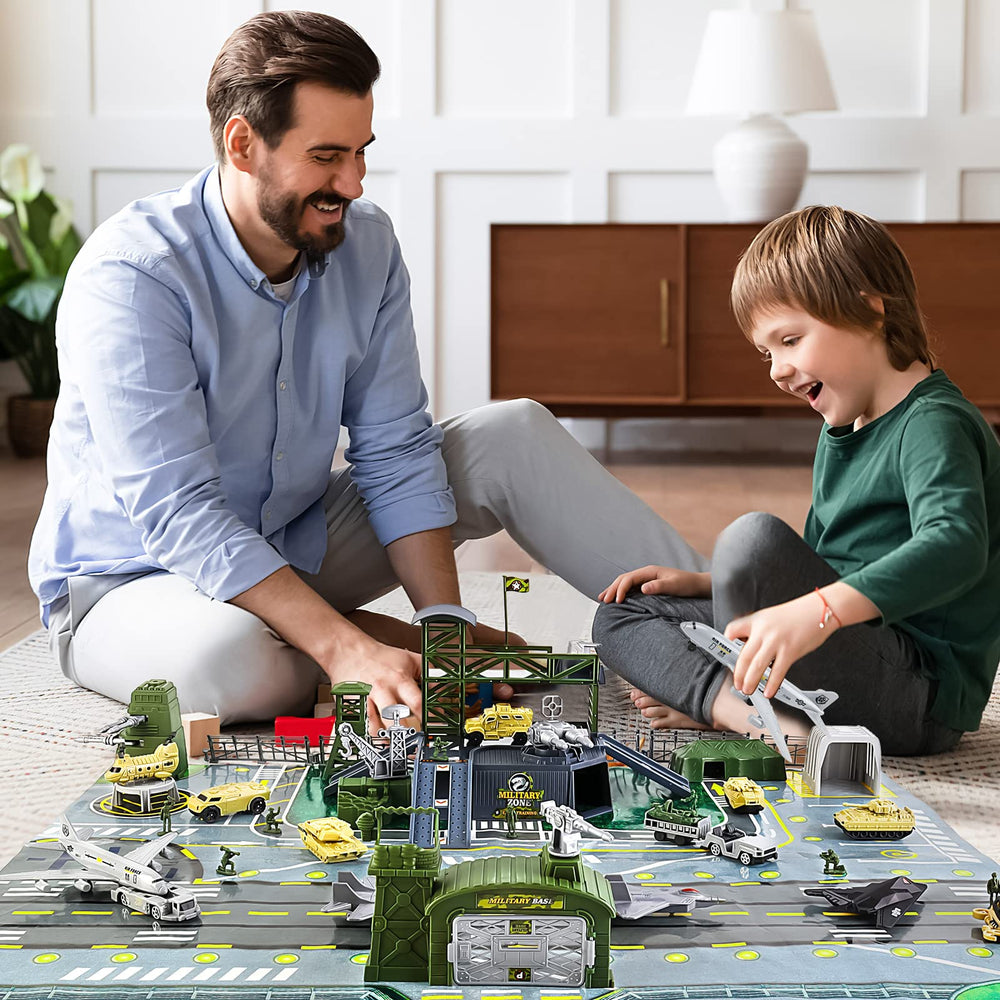 deAO Military Base Set helicopter toy adds dynamic aerial play.