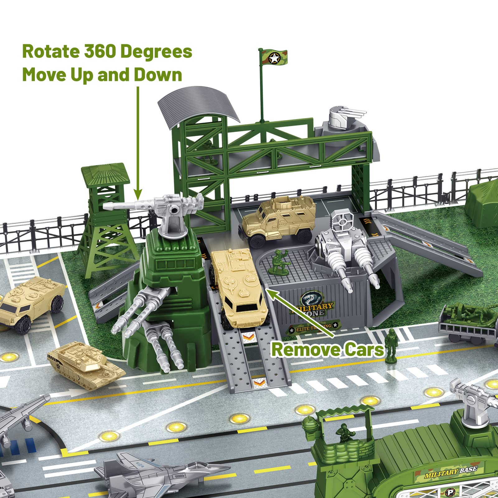 deAO Military Base Set tank toy enables action-packed vehicle battles.