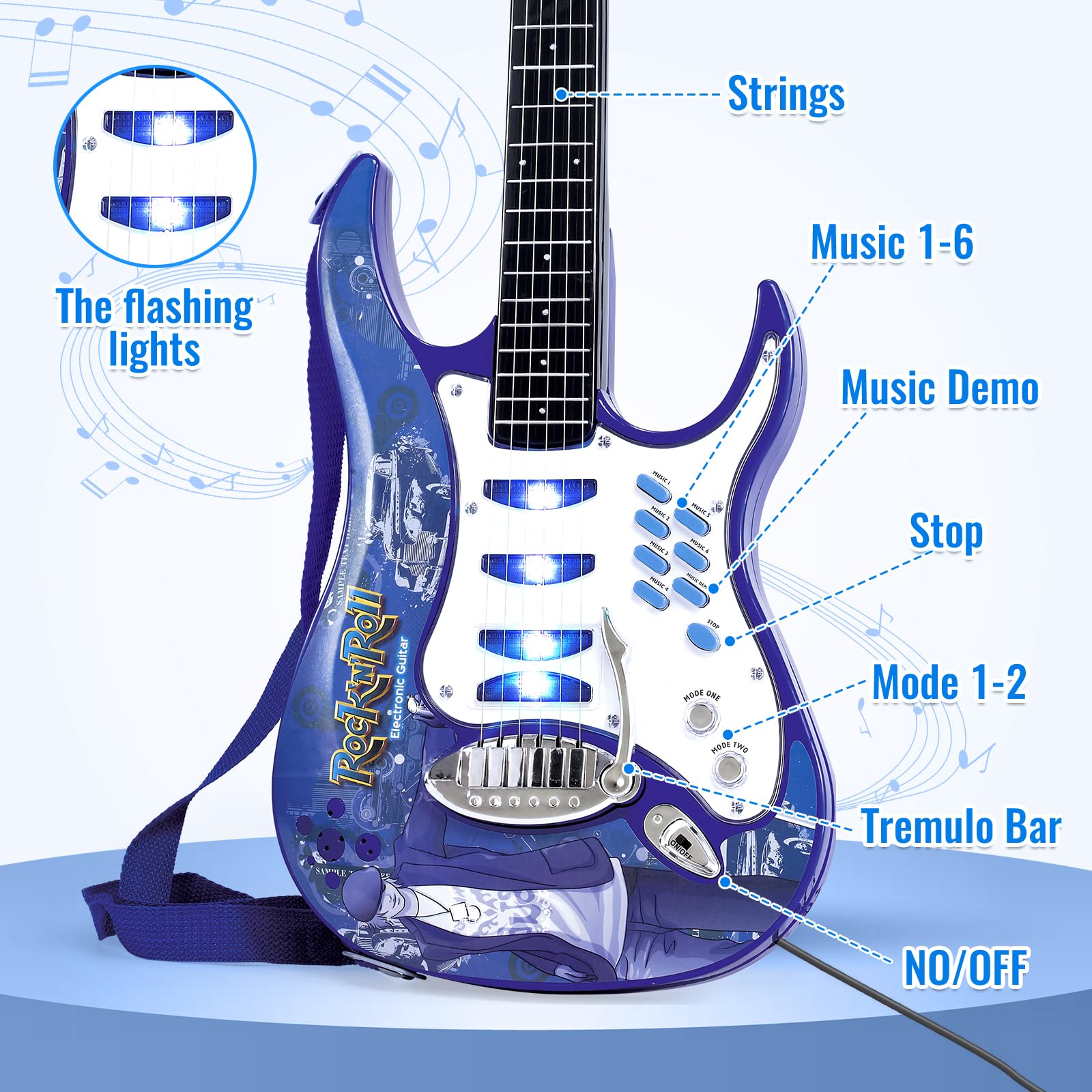 deAO guitar set with blinking LEDs during mode 1 demo songs