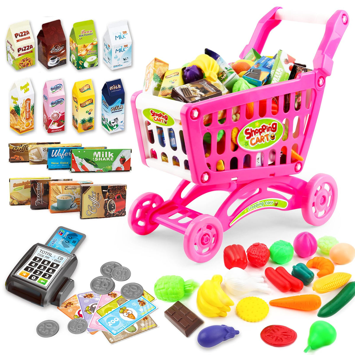 deAO pink shopping cart assembly enables quick setup for play