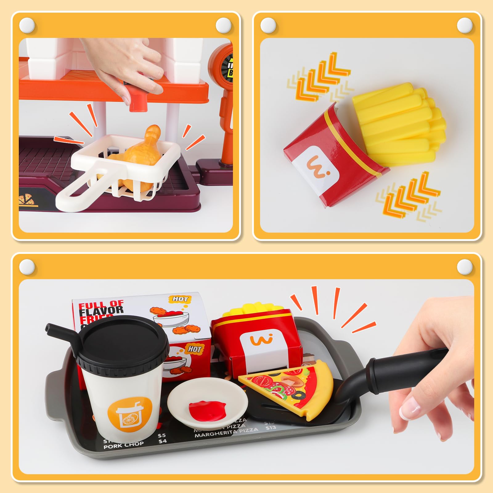 deAO pizza play set fried chicken piece demonstrates complete meal variety for imaginative play