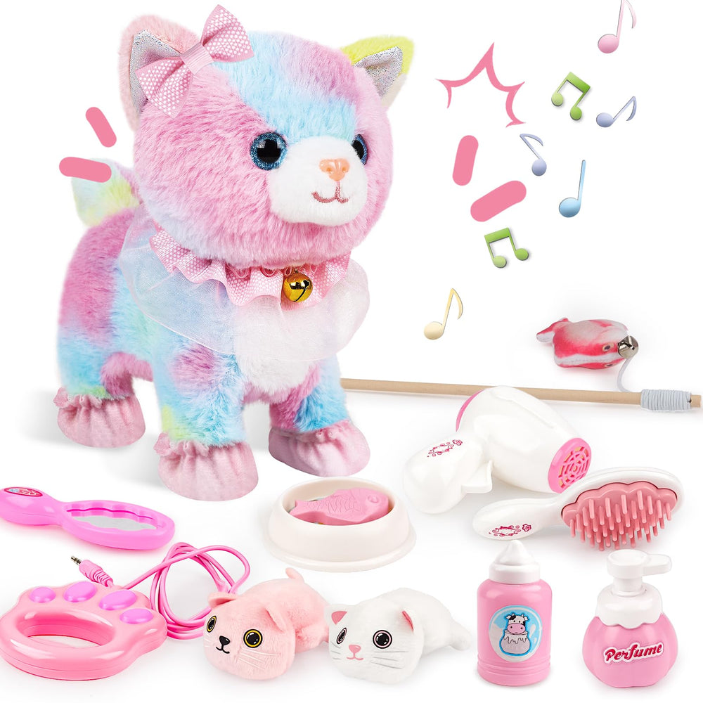 deAO remote-control plush cat walks and meows for engaging floor play.