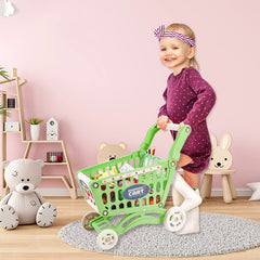 deAO shopping cart green front view with smooth wheels for easy pretend shopping.