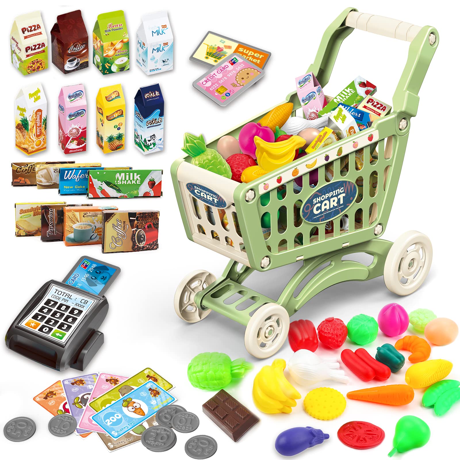 deAO shopping cart green side view for imaginative grocery role-play.