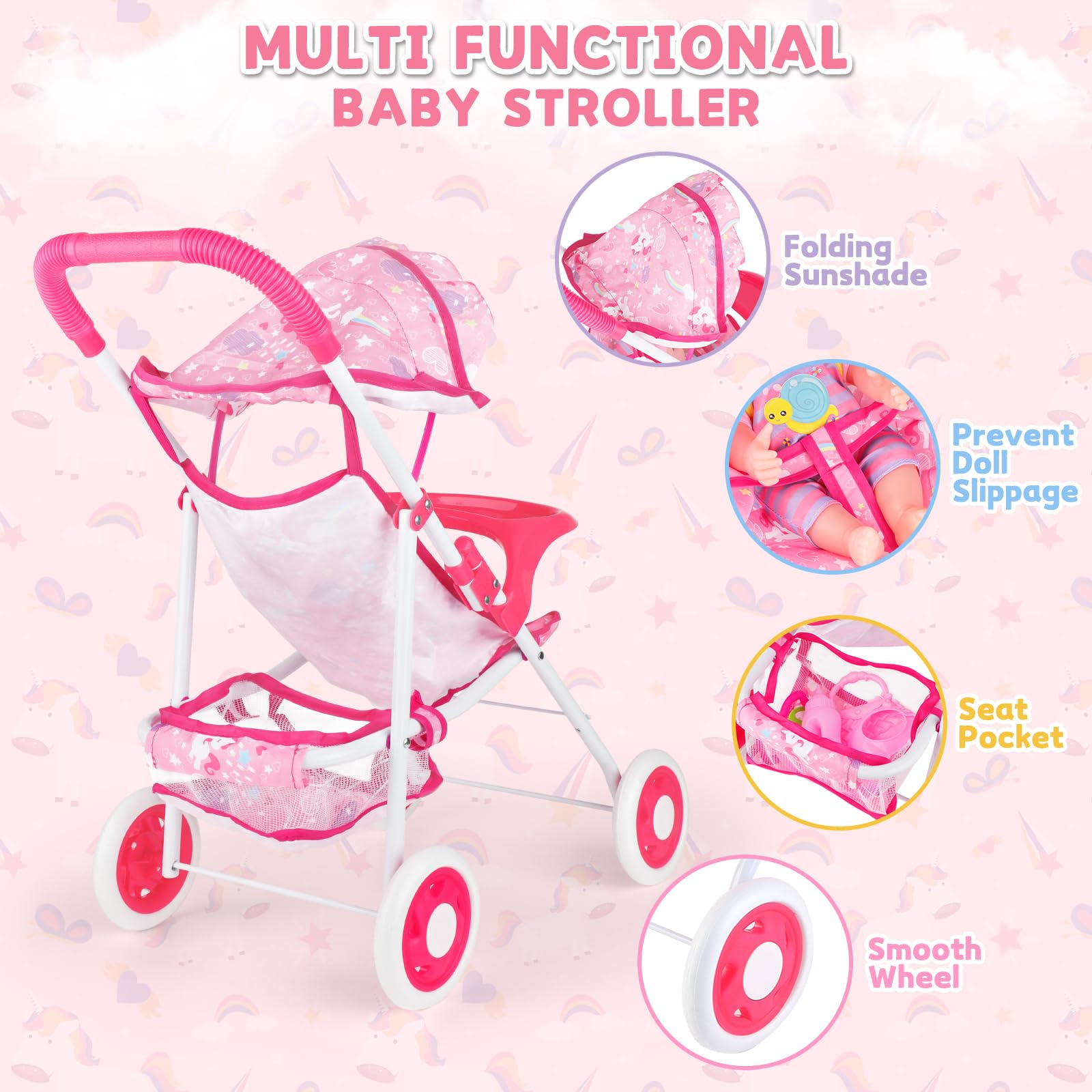 deAO stroller four EVA wheels—smooth movement on pretend playgrounds