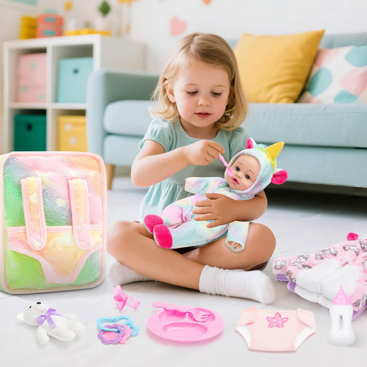 deAO 12-inch doll with care set invites nurturing roleplay and dressing fun.
