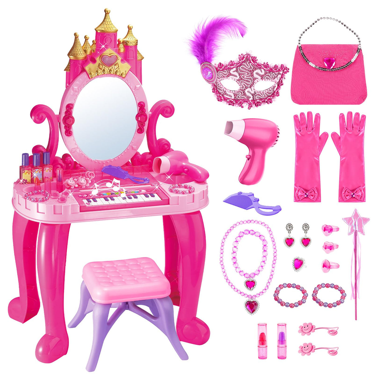 deAO toddler vanity table with mirror promotes imaginative grooming play and organization.