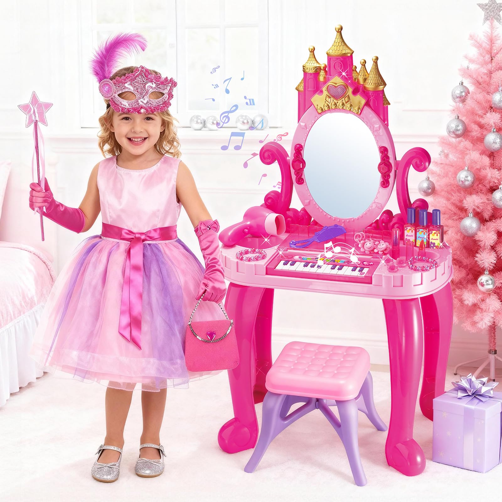 deAO vanity stool complements playtime and comfort during dress-up.