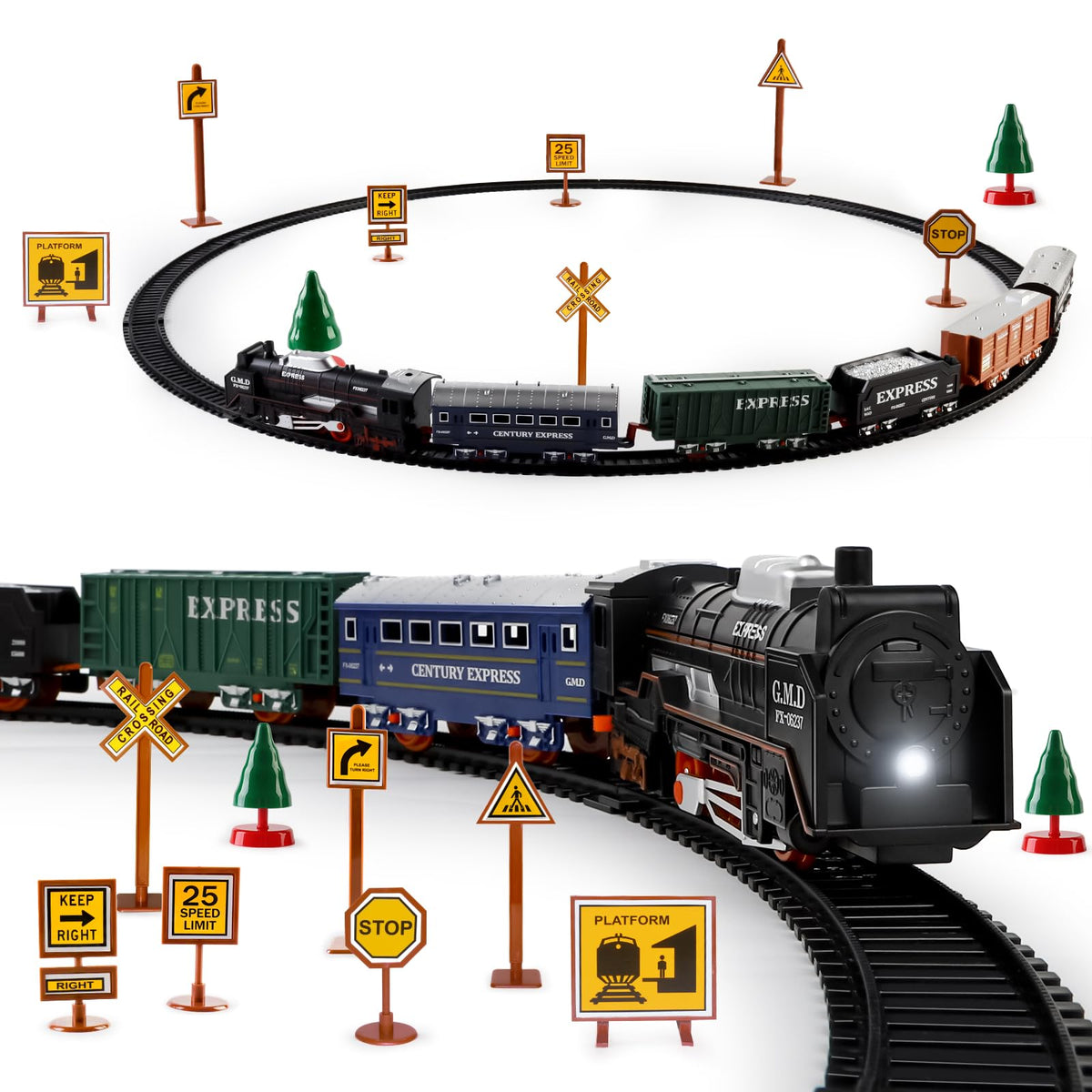 deAO Train Set with Light locomotive on track, encouraging pretend play