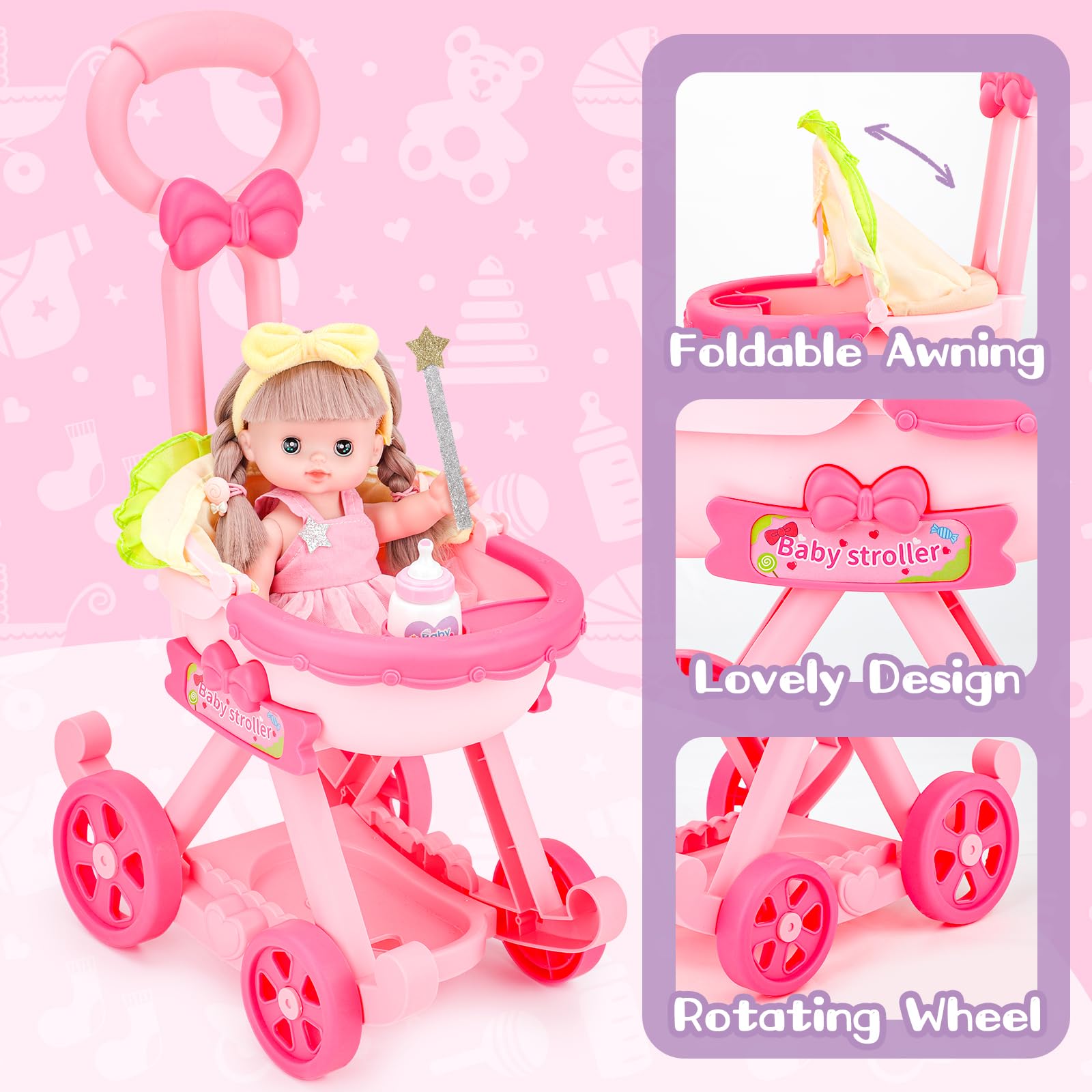 deAO twelve-inch doll and stroller set, durable materials for safe dress-up play