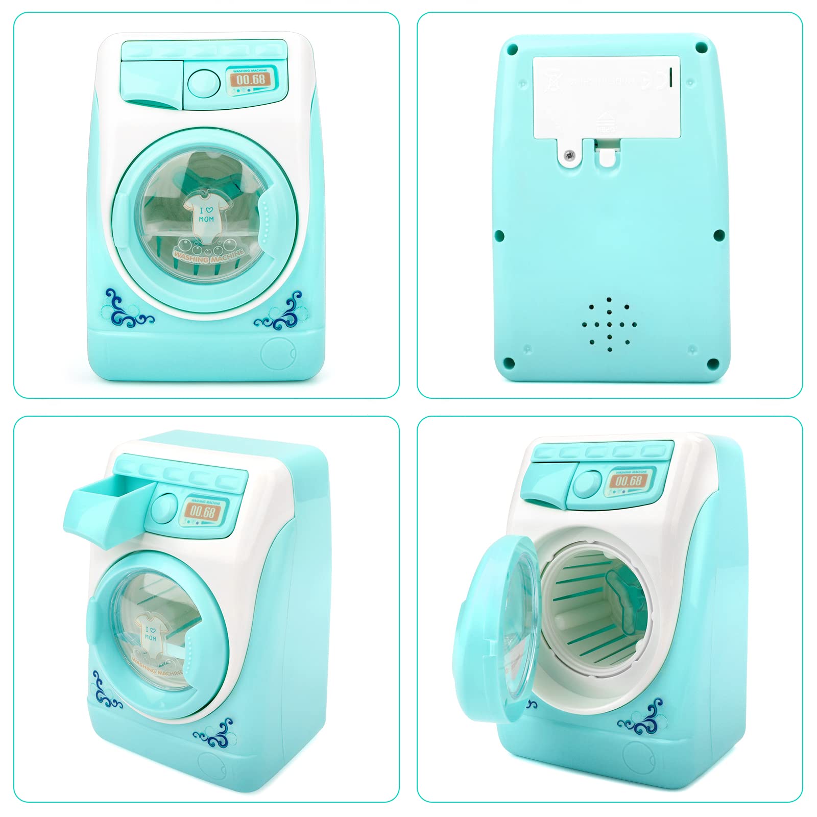 deAO washing machine toy fits dollhouse setups for immersive household play.
