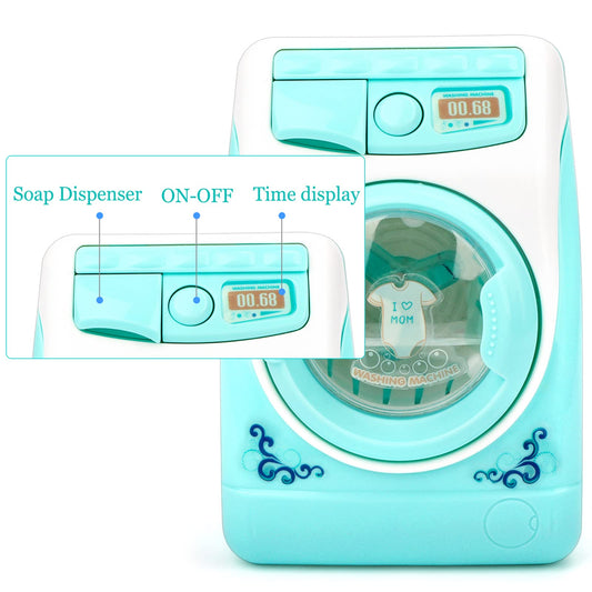 deAO washing machine toy shows lights and sounds for a realistic pretend routine.