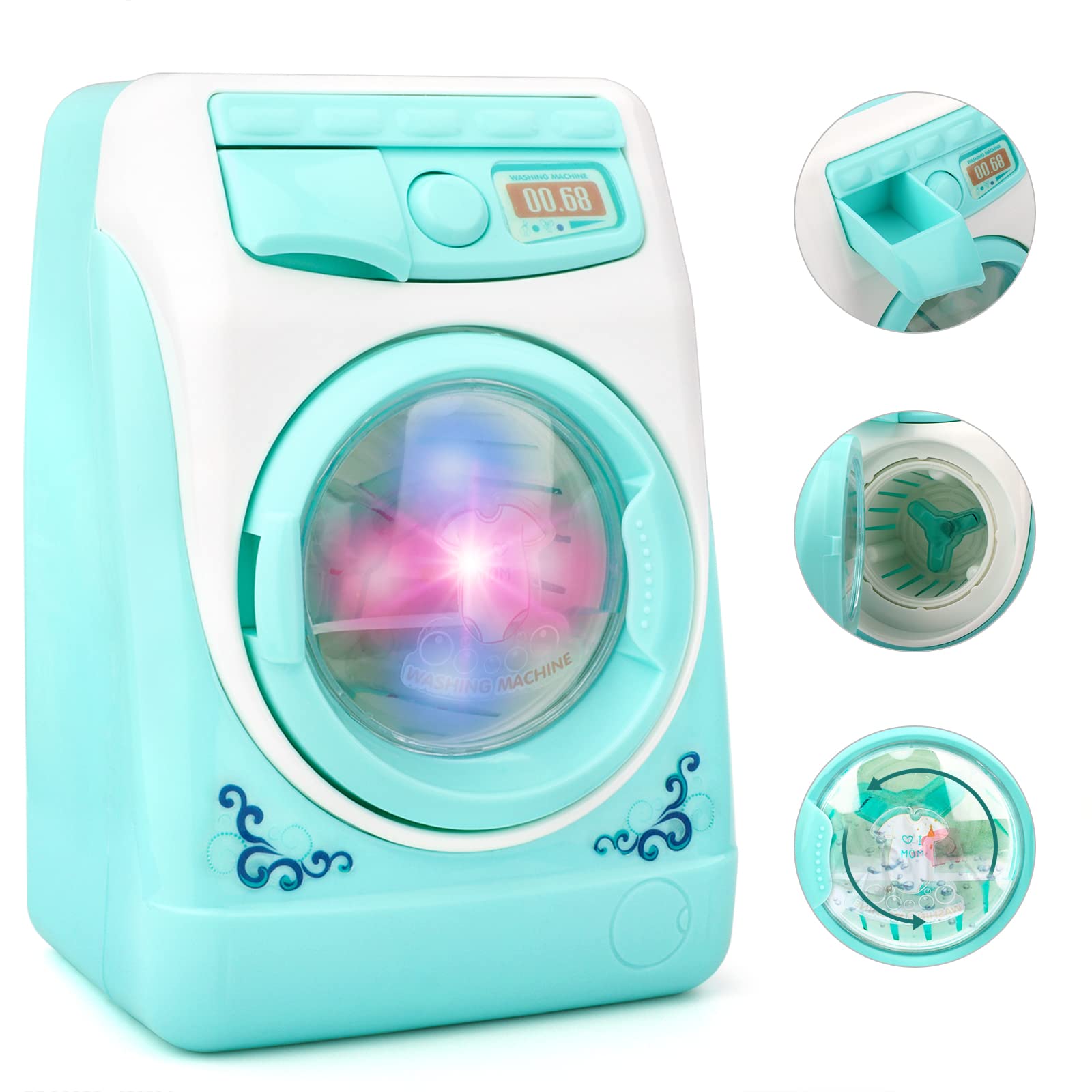 deAO washing machine toy with rotatable roller simulates loading and spinning.