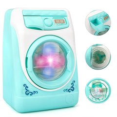 deAO washing machine toy with rotatable roller simulates loading and spinning.