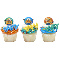 Cake decorated with DecoPac Minions rings for party display