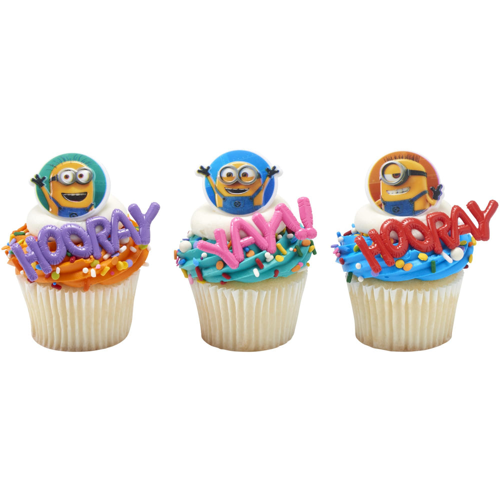 Close-up of DecoPac Minions rings from the side on cake