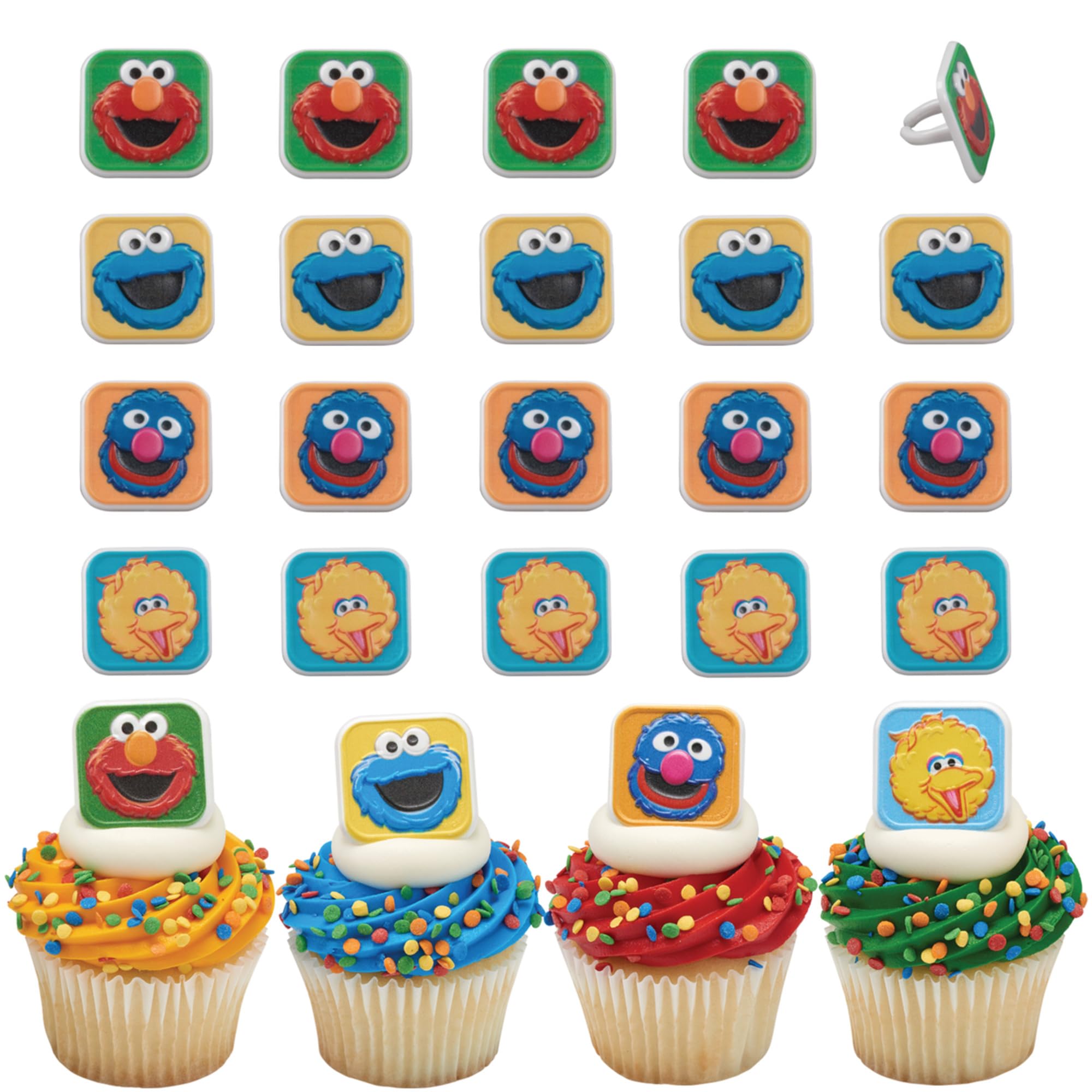 DecoPac Sesame Street rings featuring Elmo, ideal for birthday cupcakes.