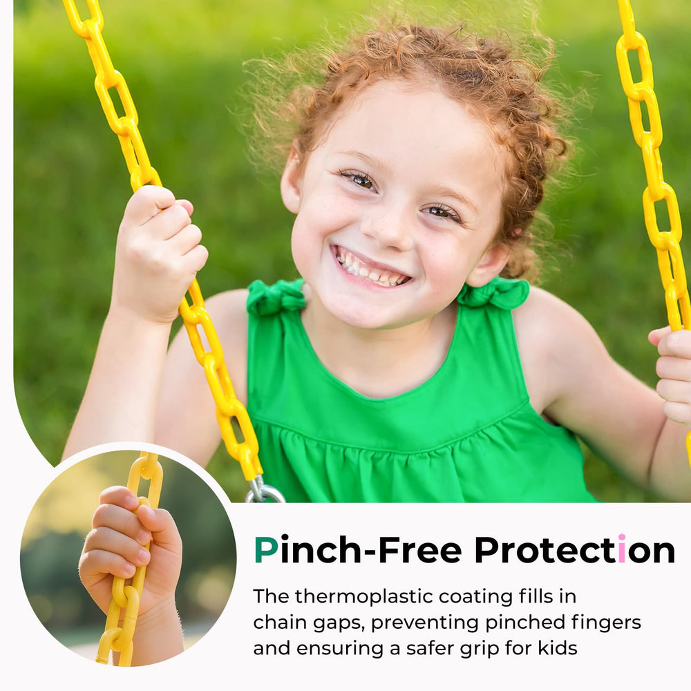 DECORLIFE toddler swing chain emphasizes rust-proof support and smooth grip for kids.