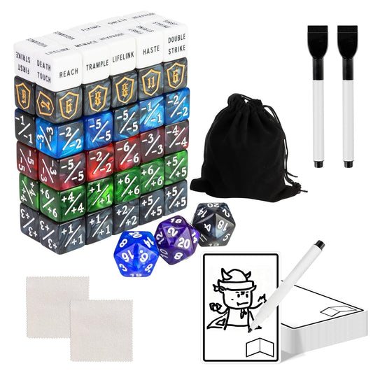 DEDC MTG dice counters on a busy playmat for quick state tracking.