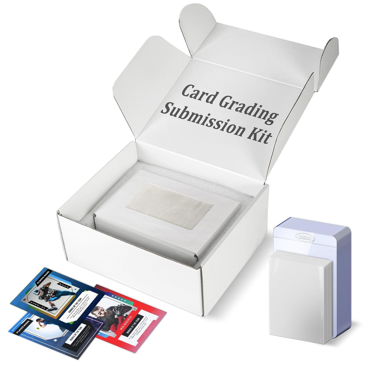 DEDC card grading kit contents shown for safe submission and organization.