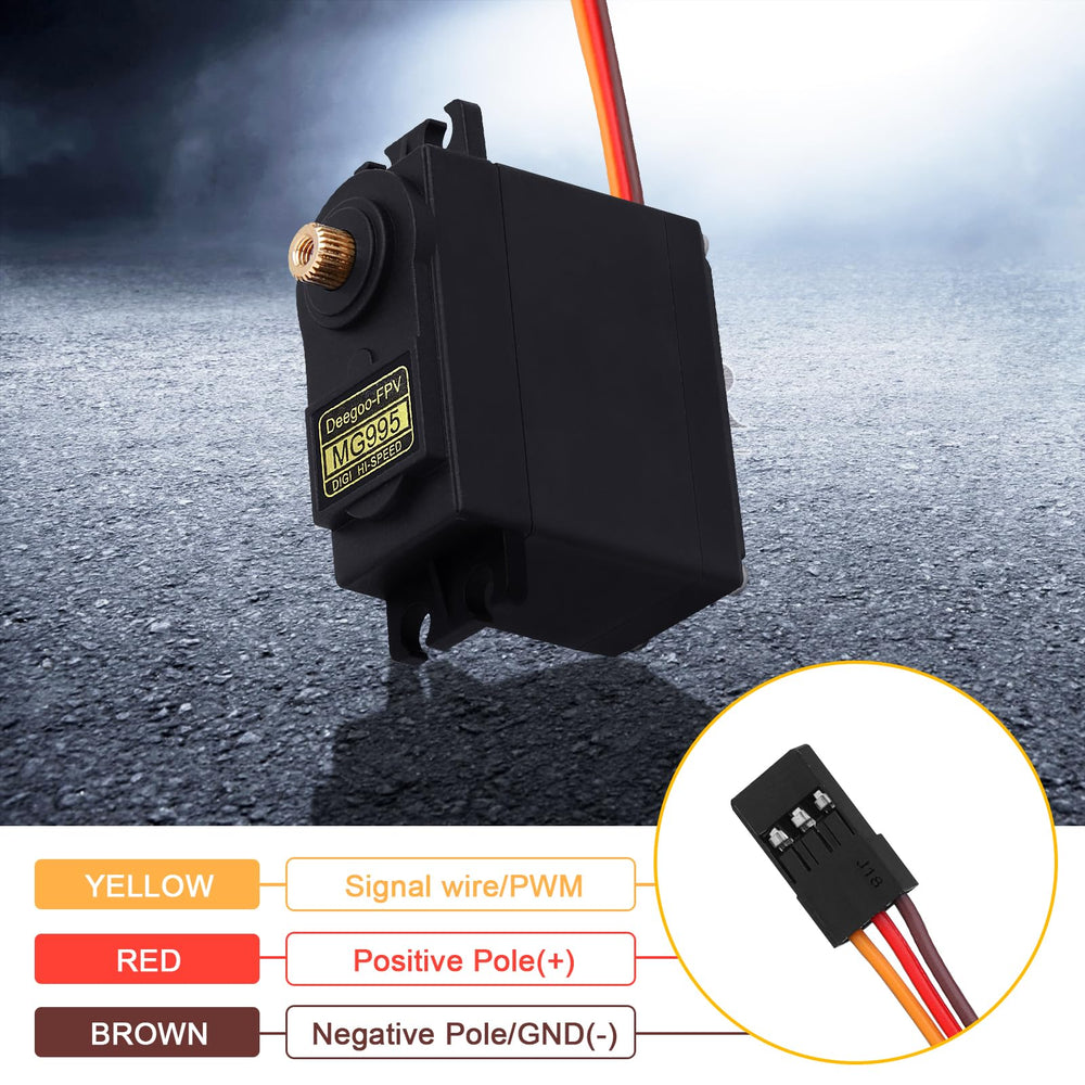 MG995 servo delivers 13 kg·cm torque for strong RC movements.
