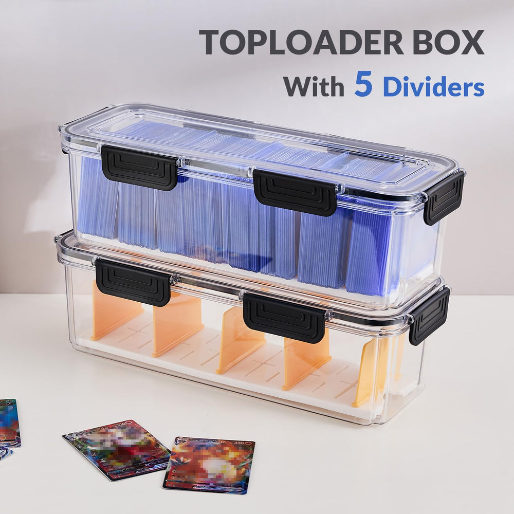 DEEIF toploader storage box interior with dividers demonstrates organized card separation.