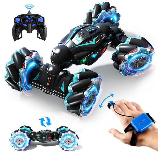 Deejoy gesture-sensing RC stunt car front view with dramatic lights and action.