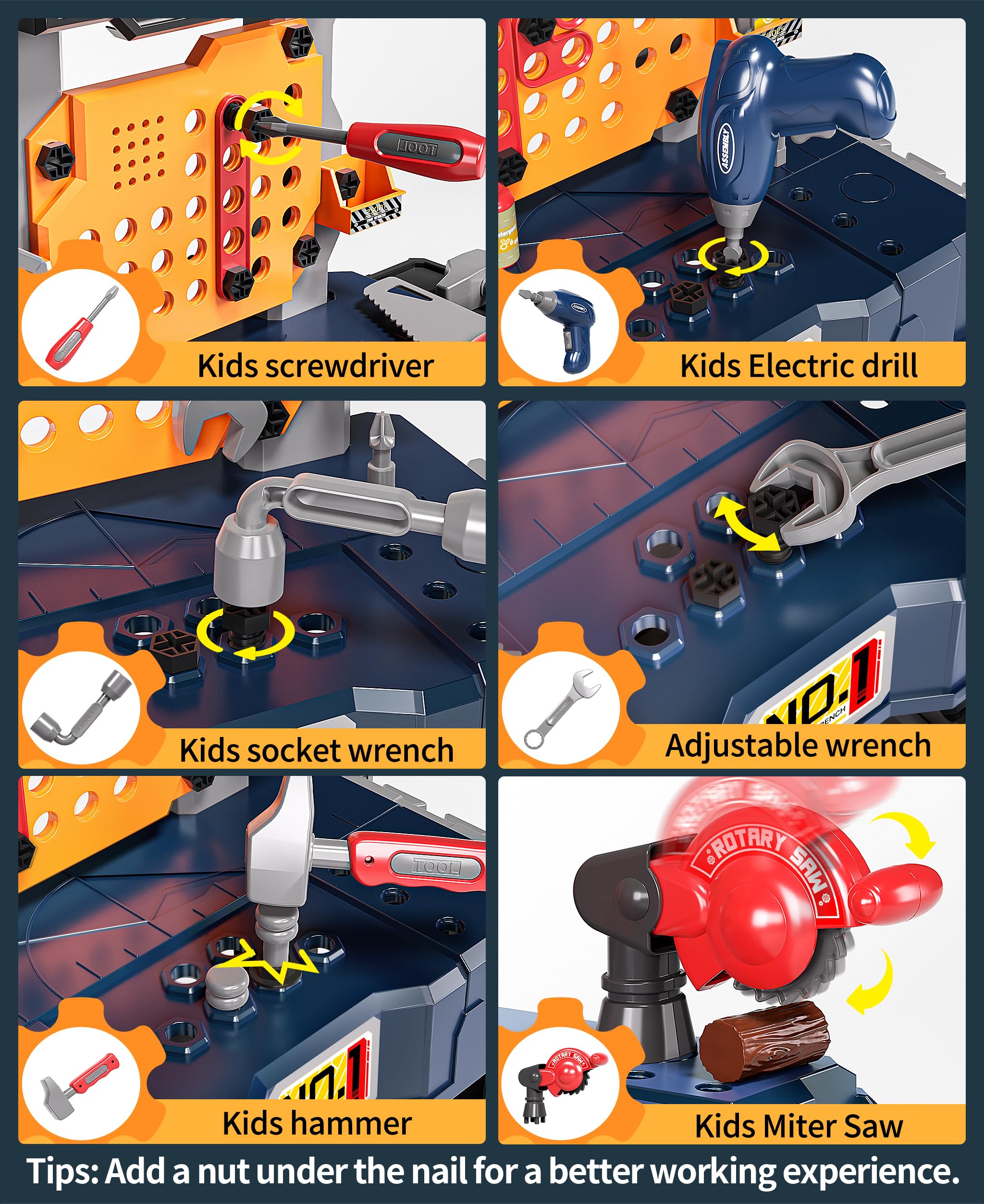 Deejoy Kids Tool Bench Assembly Toolbox supports versatile setup and easy storage.
