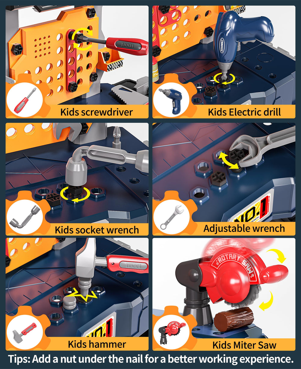 Deejoy Kids Tool Bench Assembly Toolbox supports versatile setup and easy storage.