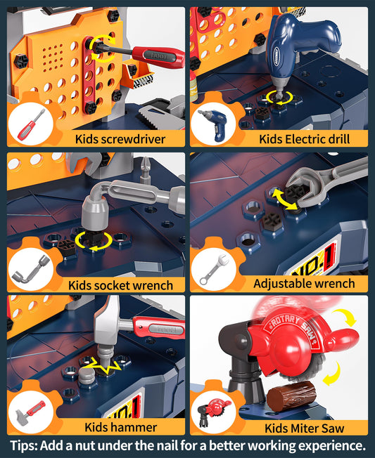Deejoy Kids Tool Bench Assembly Toolbox supports versatile setup and easy storage.