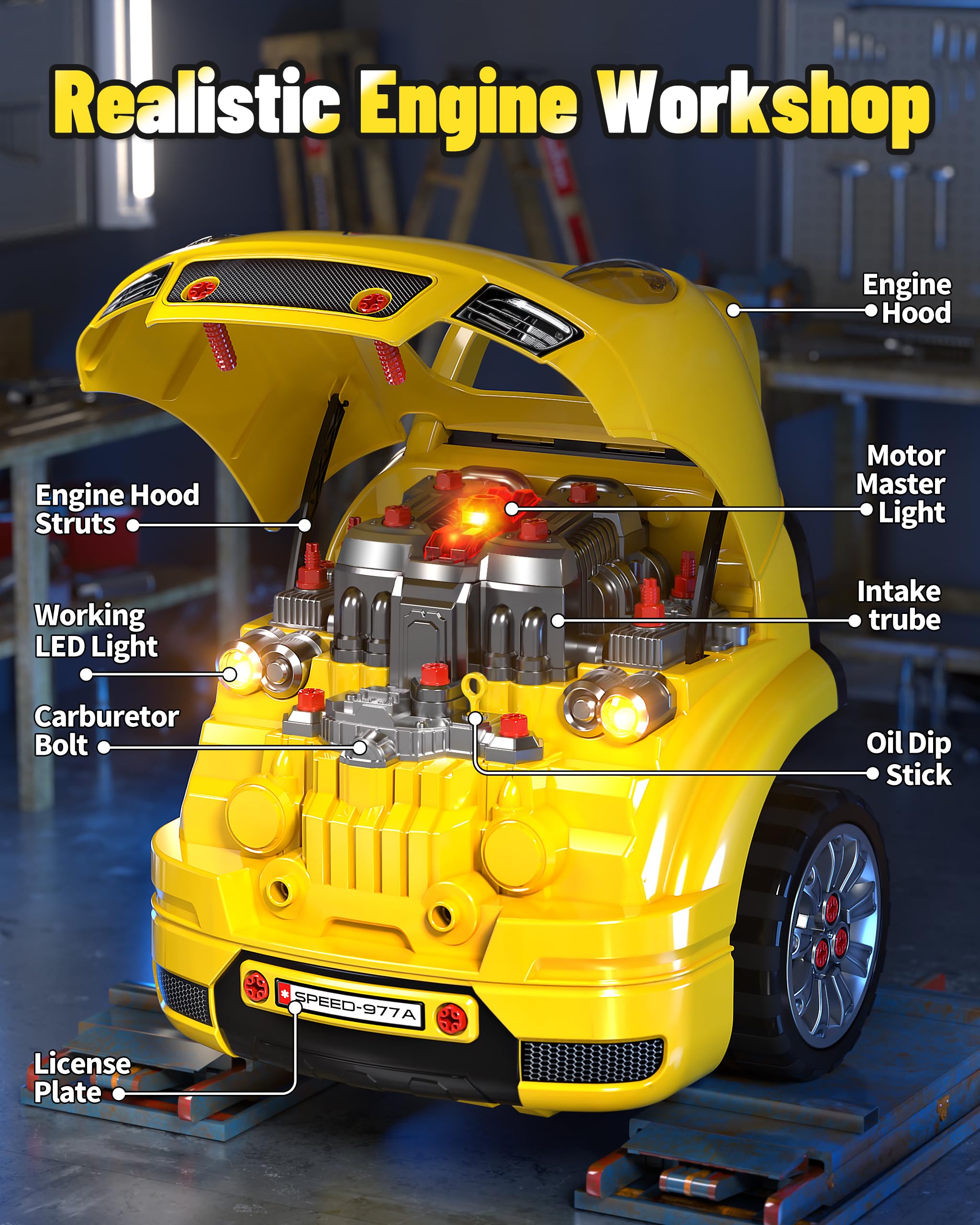 Deejoy engine kit includes an oil dipstick for authentic maintenance pretend play.