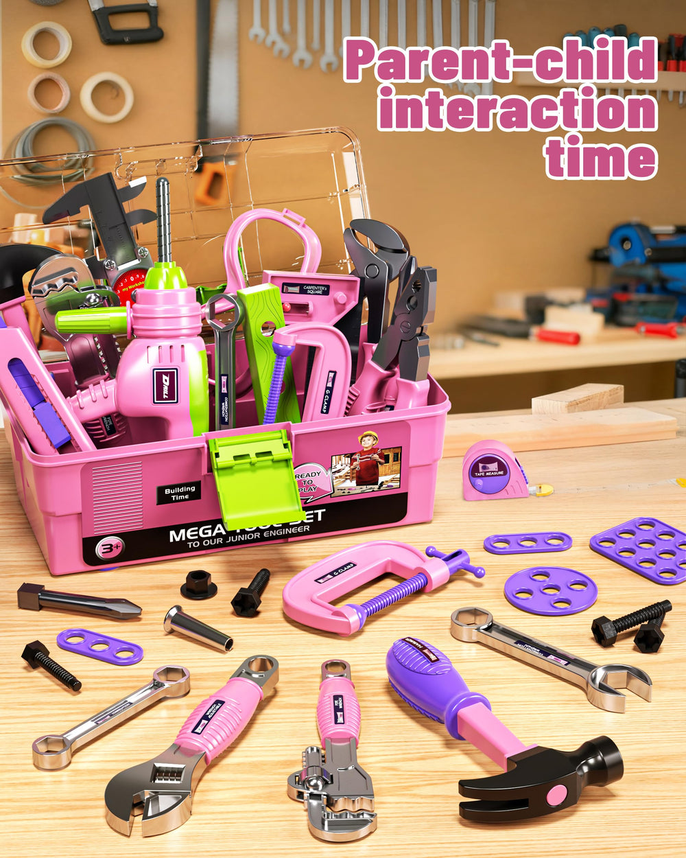 Deejoy pink drill bits and tools close-up, showcasing four interchangeable bits for versatile pretend tasks.
