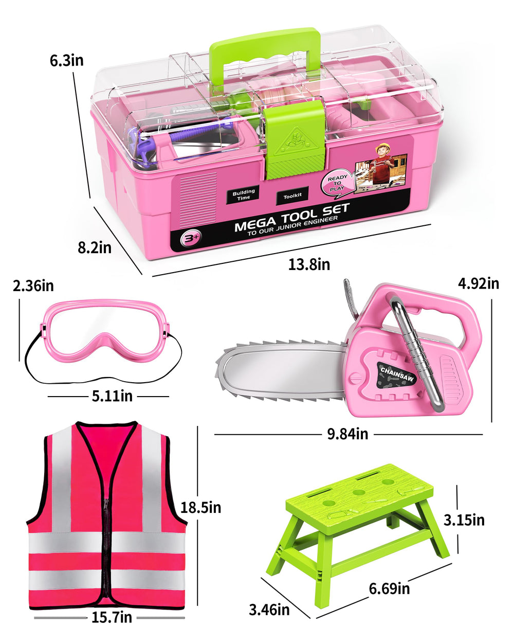 Deejoy pink overalls and tools set, kid-friendly design for role-play adventures.
