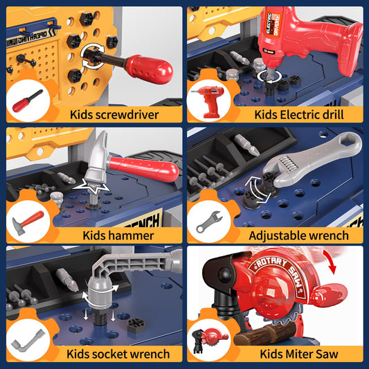 Deejoy toy workbench with clothes and tools in blue for imaginative tasks.