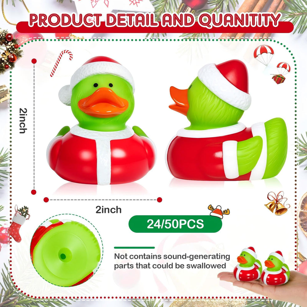 Deekin Christmas green 2-inch rubber duck set on a table.