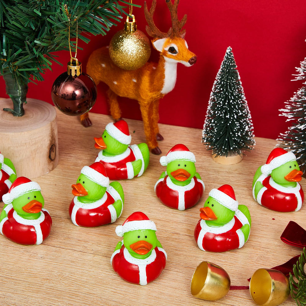 Deekin green rubber duck on car dash for playful holiday vibe.
