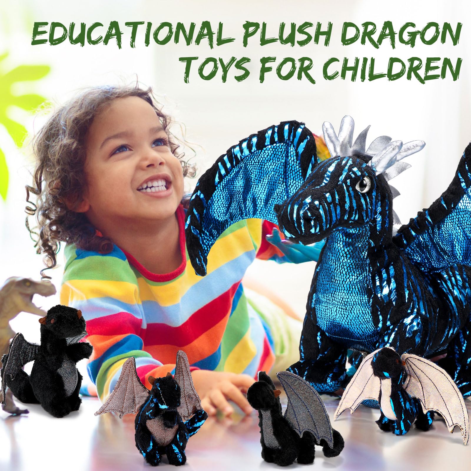 Deekin dragon plush set aiding storytime and room decoration.