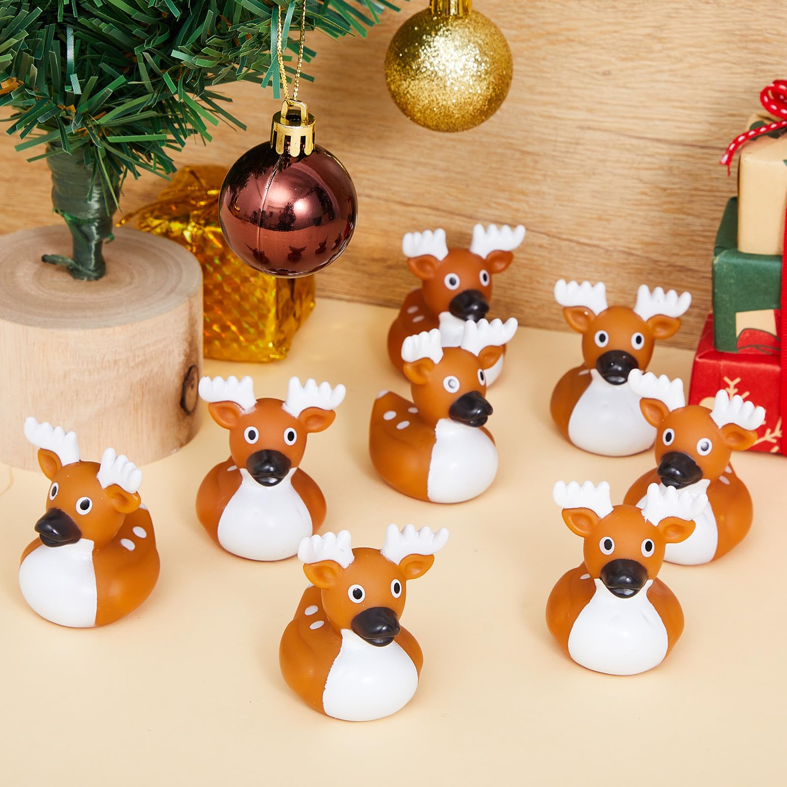 Deekin winter-themed rubber duck set enhances holiday table decor.