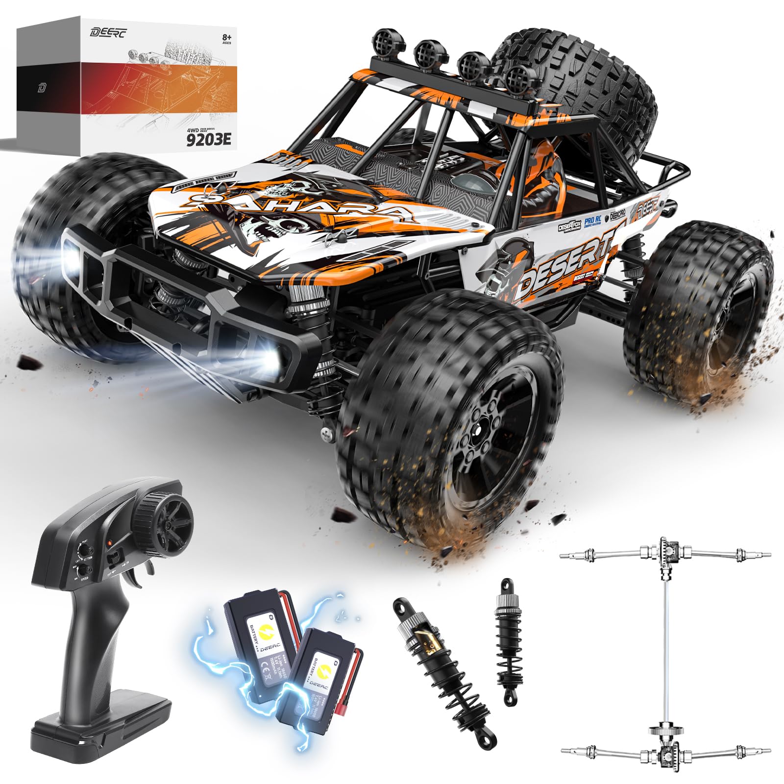 DEERC 1:10 RC Monster Truck front view showing high-speed off-road action