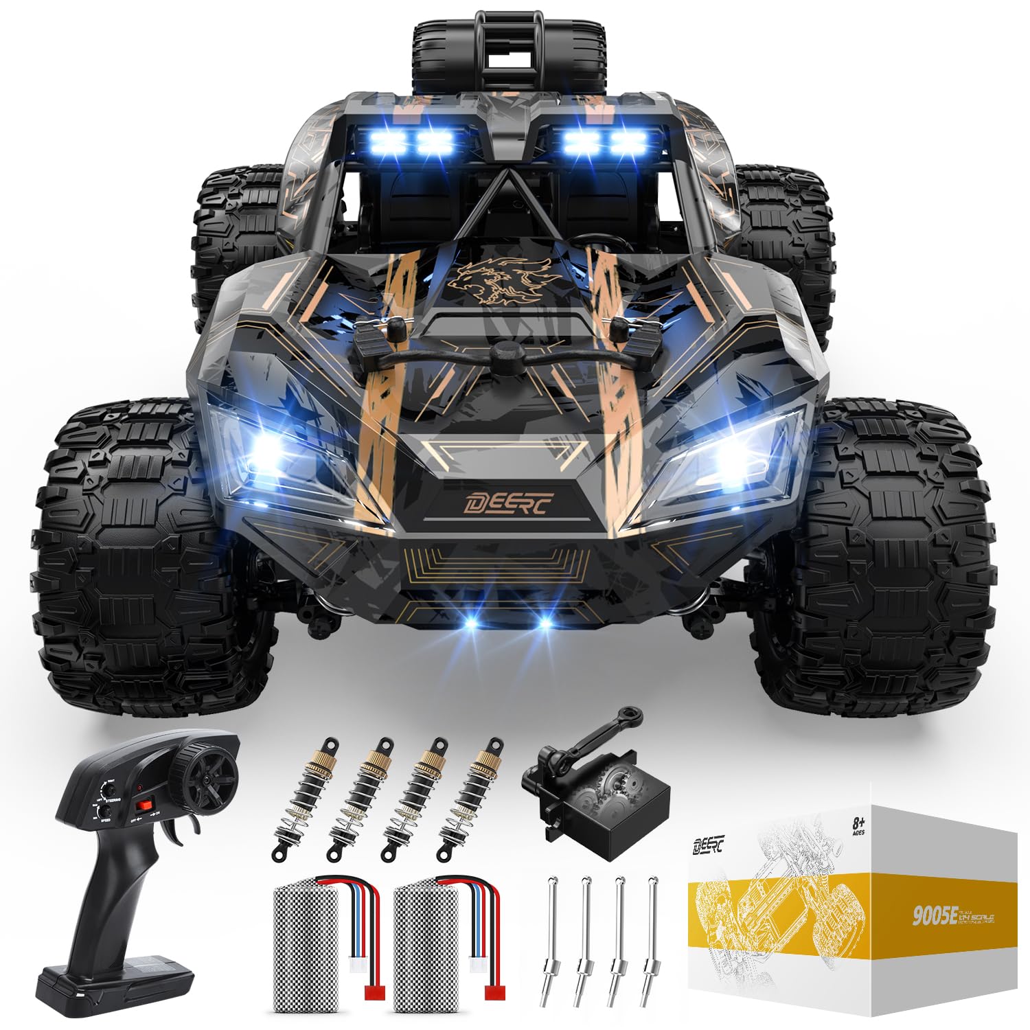 DEERC 1:14 crawler battery compartment emphasizing extended runtime