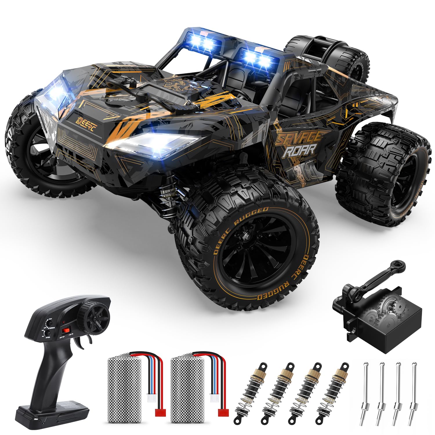 DEERC 1:14 crawler front view with LED headlights for night off-road fun