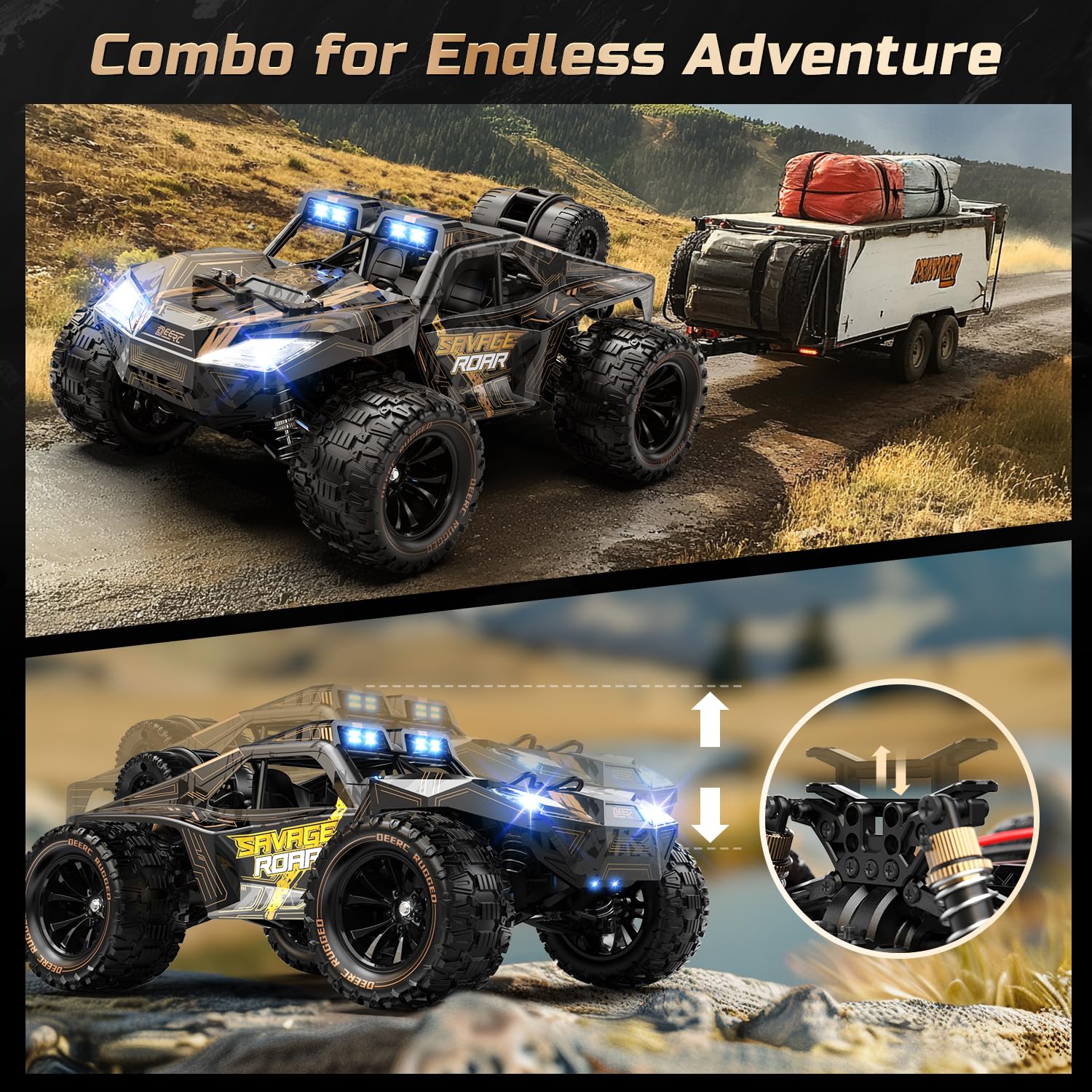 DEERC 1:14 crawler LED headlights illuminate night driving
