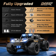 DEERC 1:14 crawler rear view highlighting rugged chassis durability