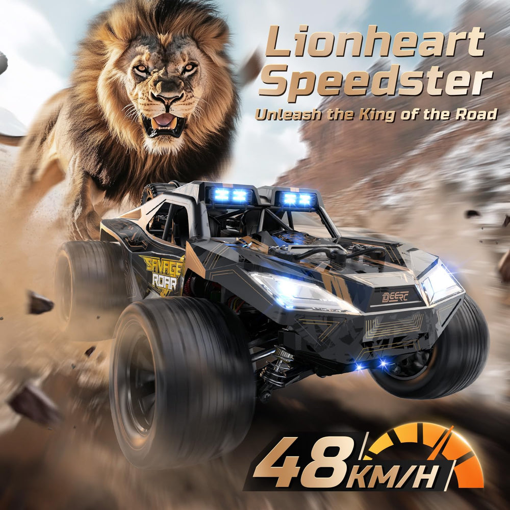 DEERC 1:14 crawler remote control showing 2.4GHz precision steering