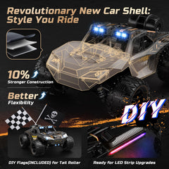 DEERC 1:14 crawler side drive showing stable 4x4 grip on rough terrain