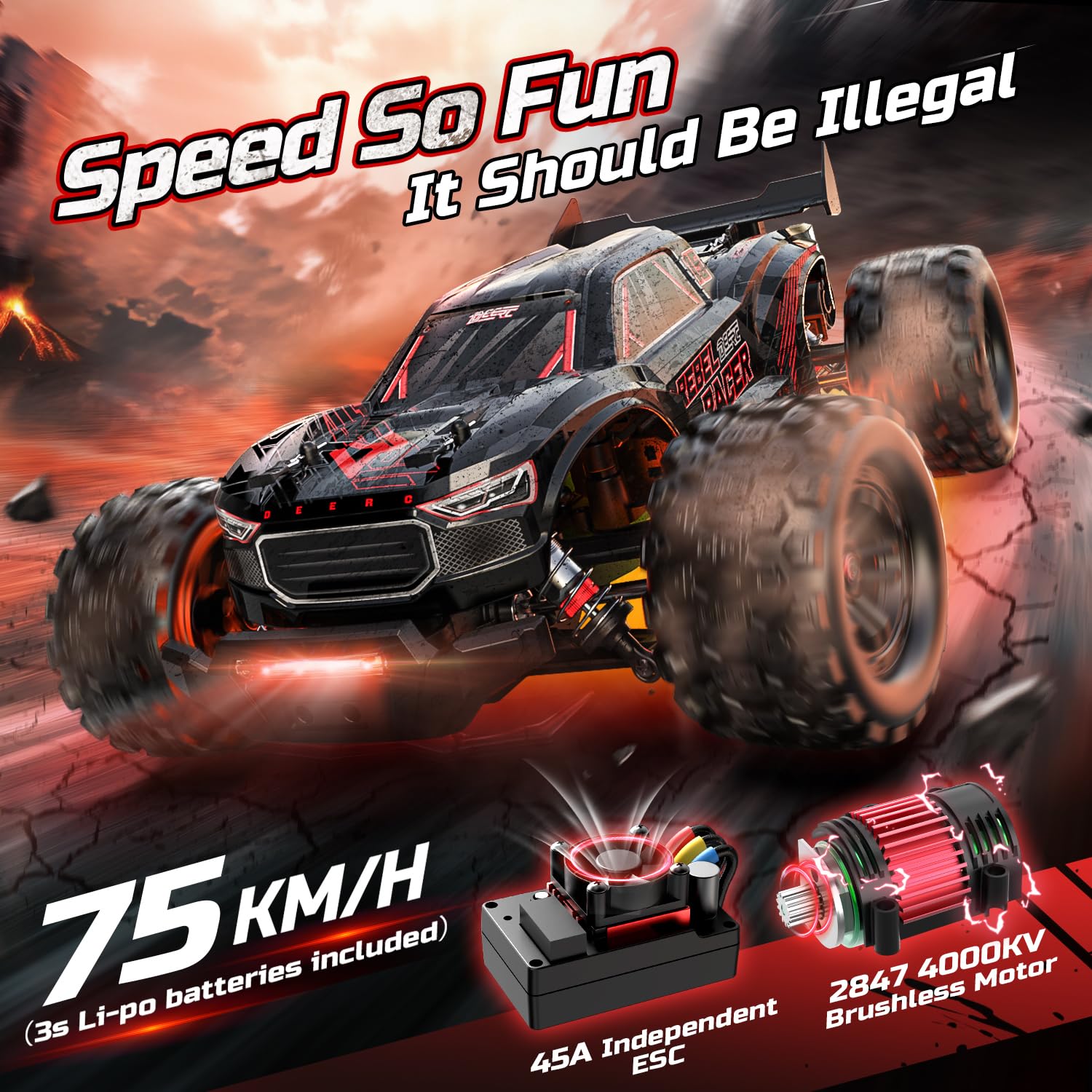 DEERC 1/14 off-road durability chassis withstands rough trails and jumps