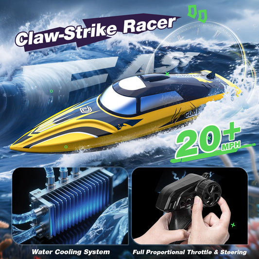 DEERC 14 RC boat side view shows claw-streak paint for bold style.